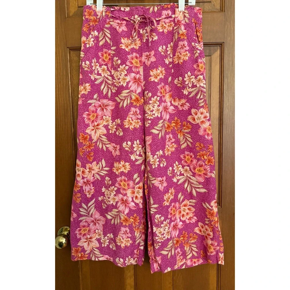 Ann Taylor Linen Pants Women L Petite Wide-Leg Crop Comfort Waist Pull-On Beachy